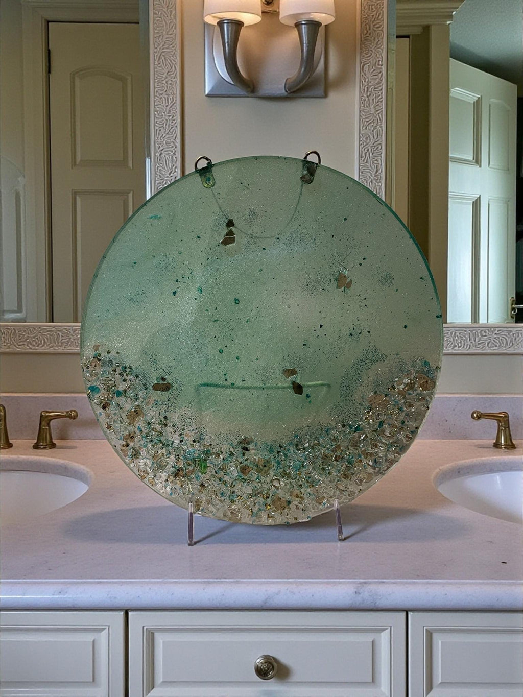 Hand-Designed Elegant 3D Home Decor Collection Aquamarine Green with Crystals 12x12 Size for Hanging