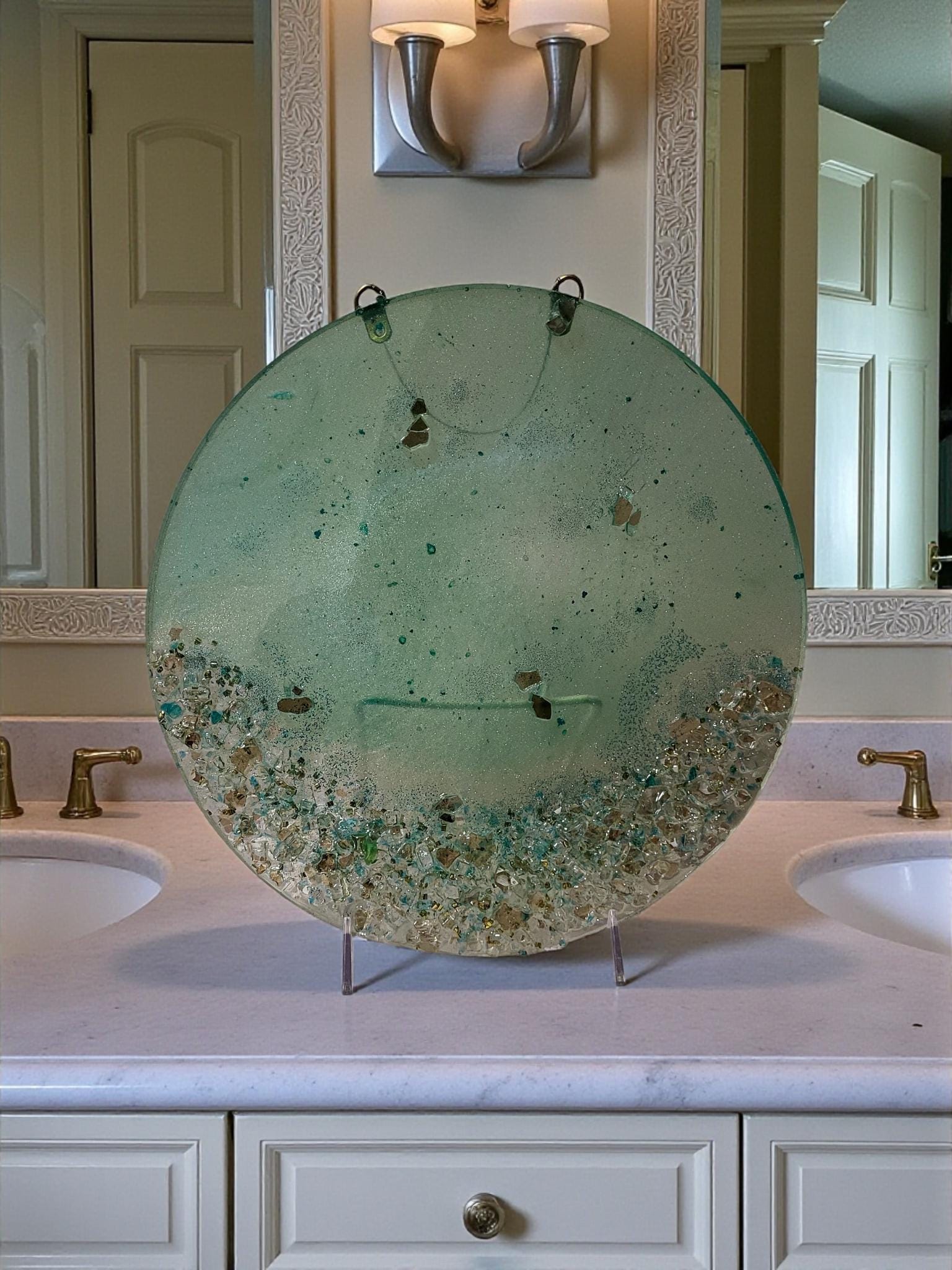 Hand-Designed Elegant 3D Home Decor Collection Aquamarine Green with Crystals 12x12 Size for Hanging