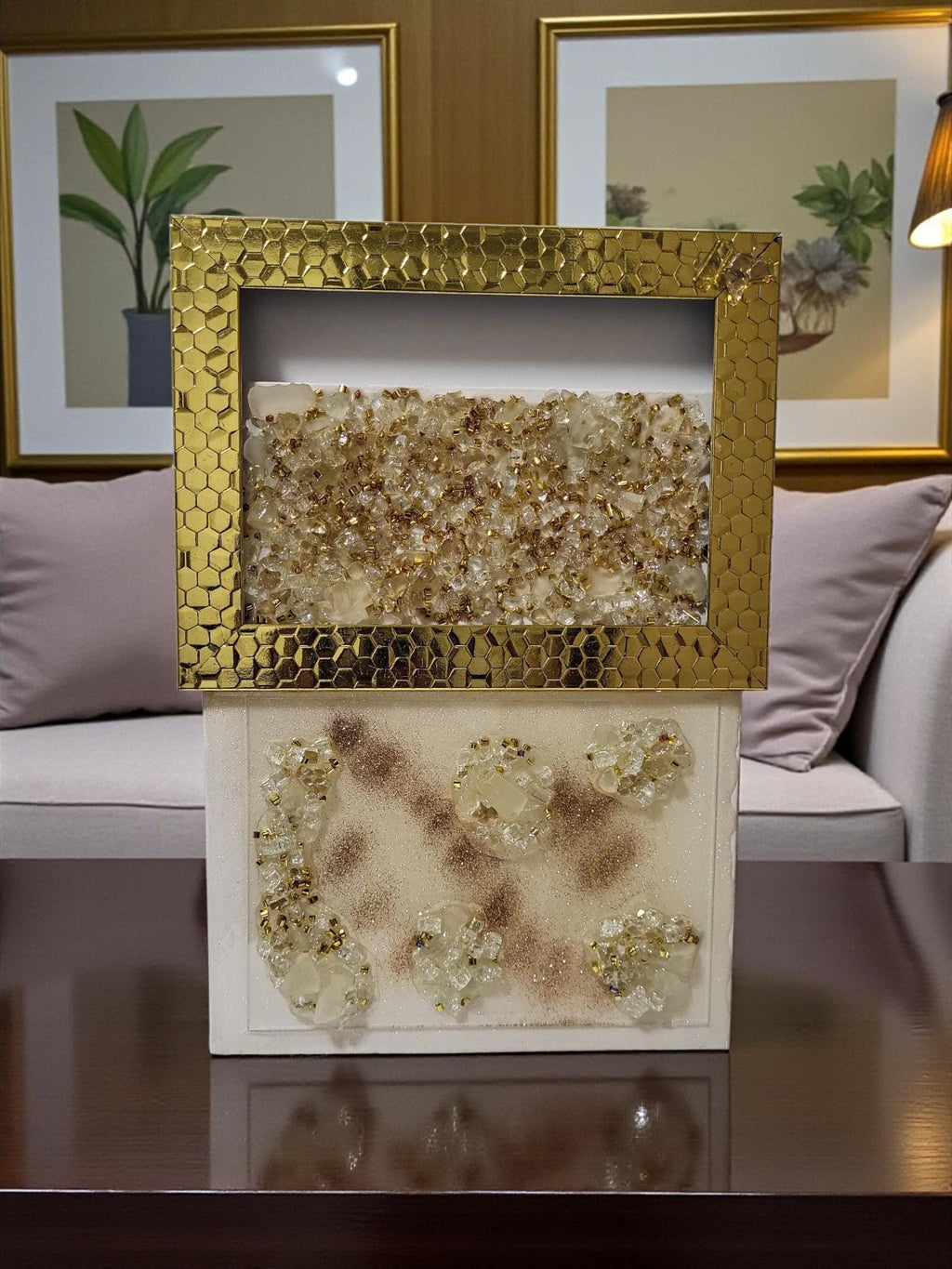 Hand-Designed Gold Crystallized 3D Abstract Artwork Size 6x11