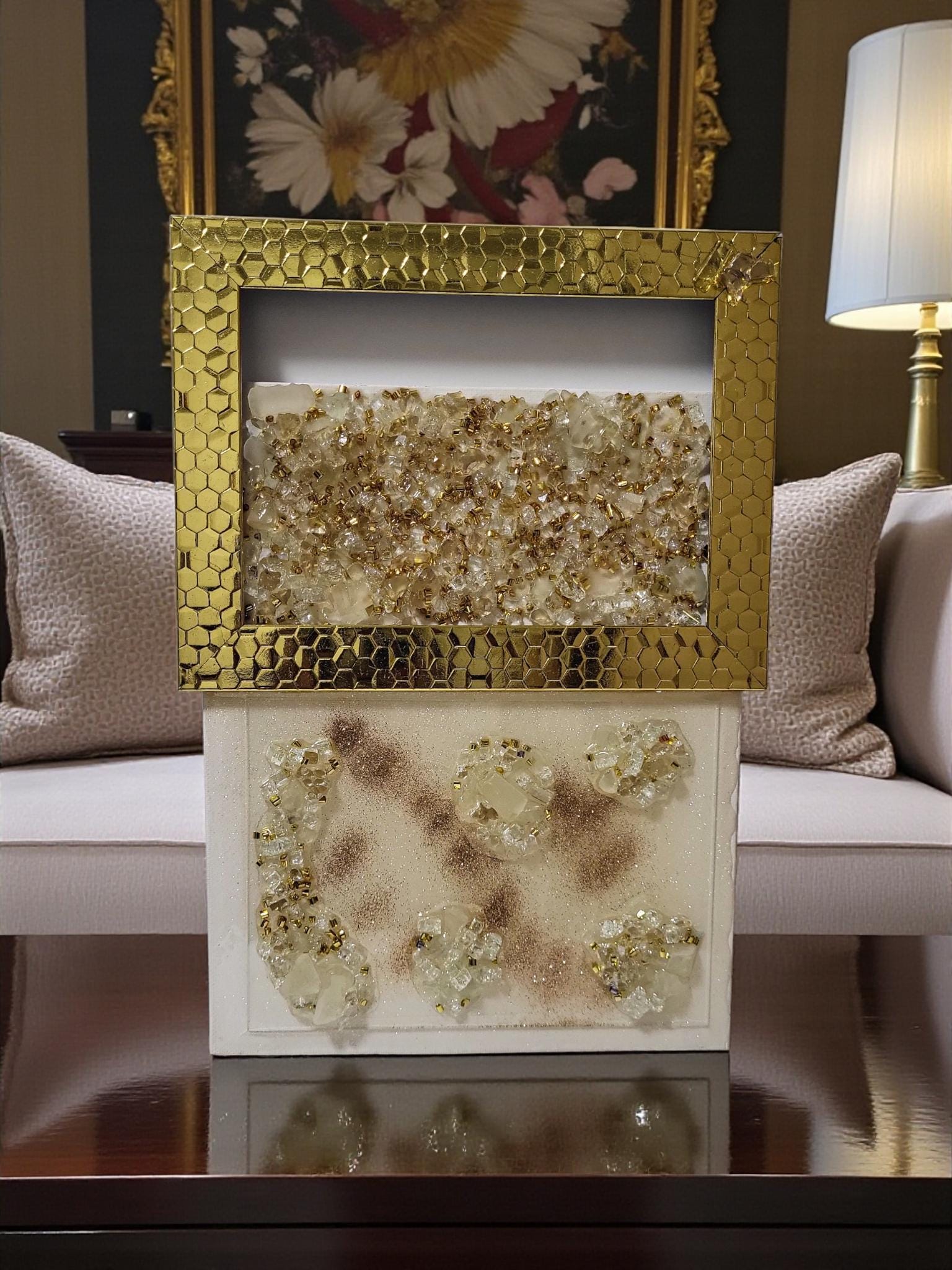 Hand-Designed Gold Crystallized 3D Abstract Artwork Size 6x11