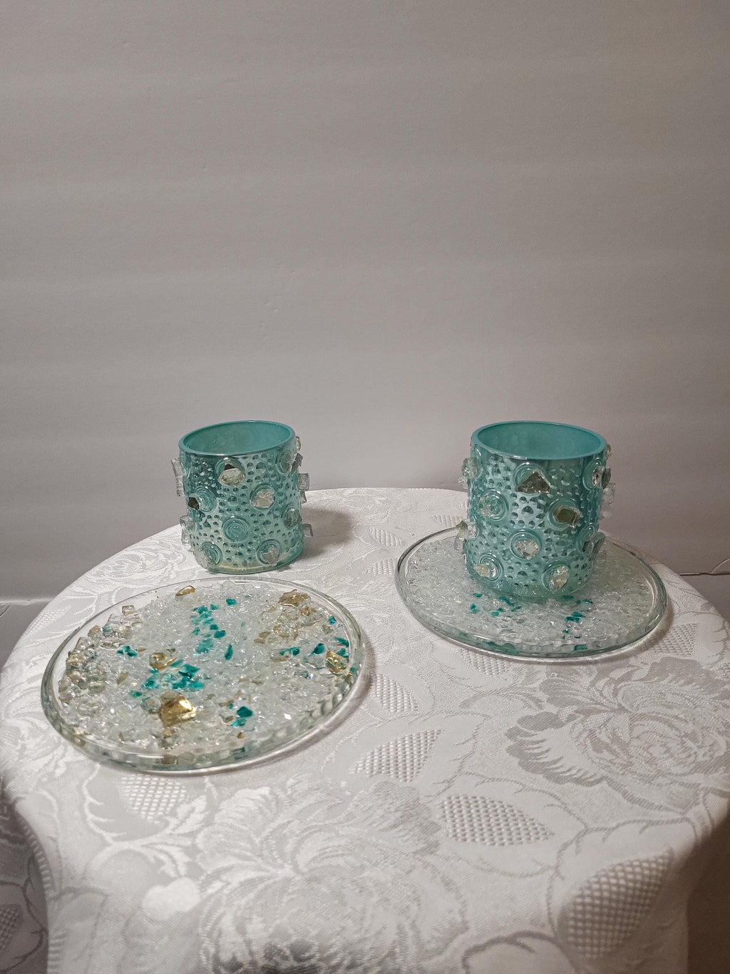 Handcrafted Iridescent Aquamarine Crystallized Votive Candle Holders - Set of 2