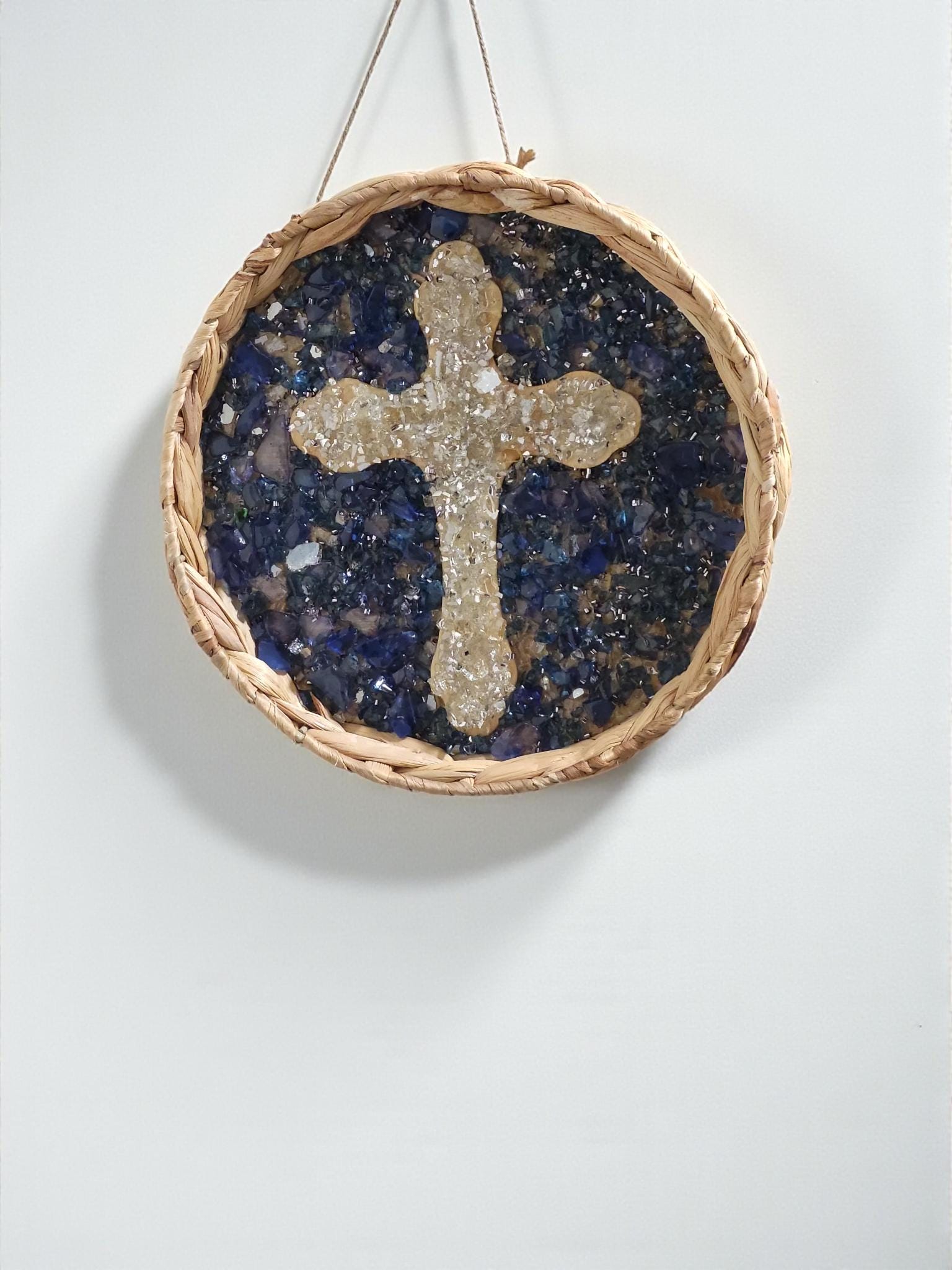 Handmade Blue Crush Glass Cross Decor, Metal & Wood Artwork