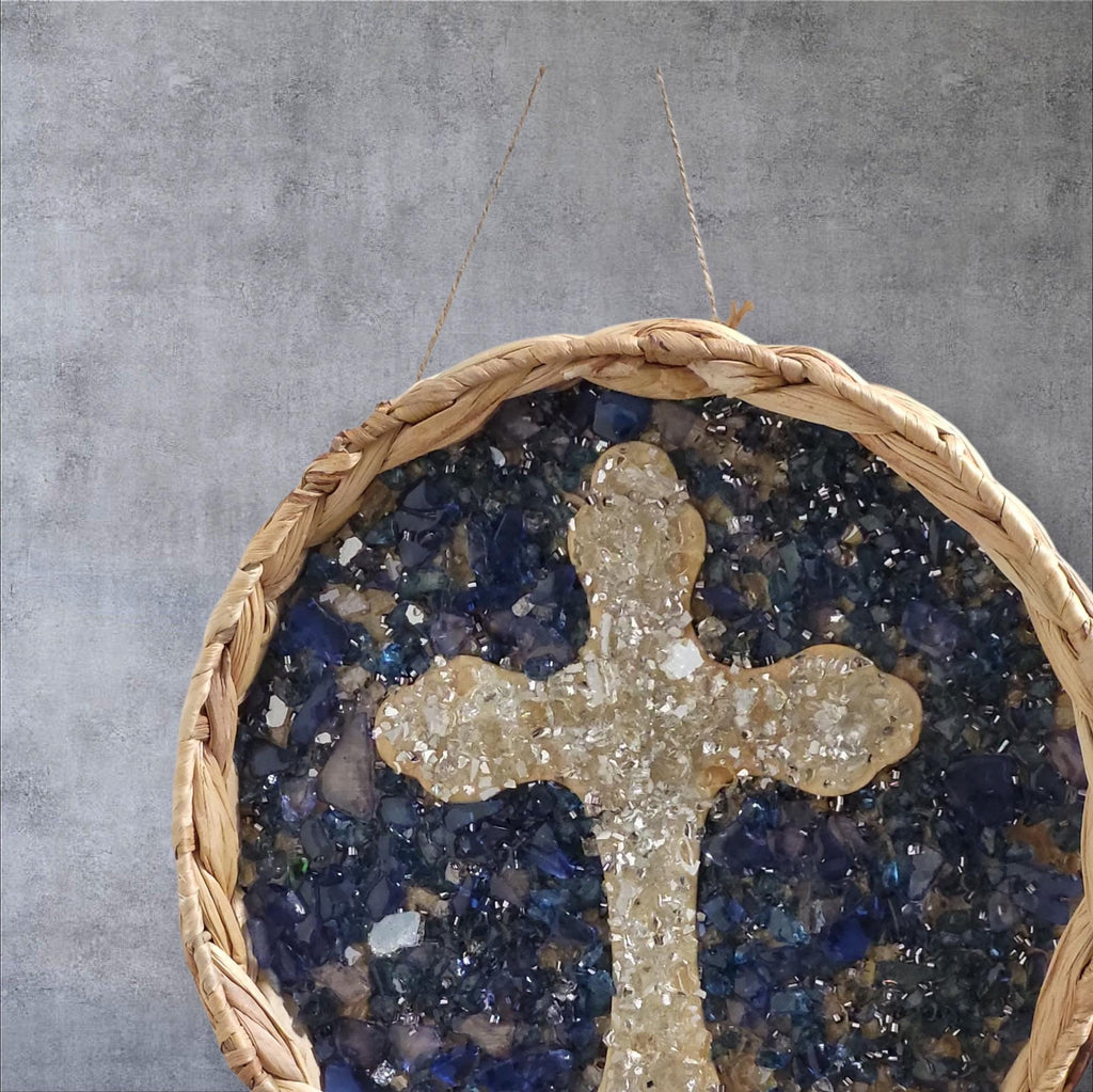 Handmade Blue Crush Glass Cross Decor, Metal & Wood Artwork