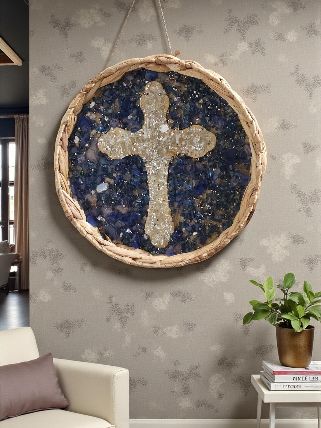 Handmade Blue Crush Glass Cross Decor, Metal & Wood Artwork
