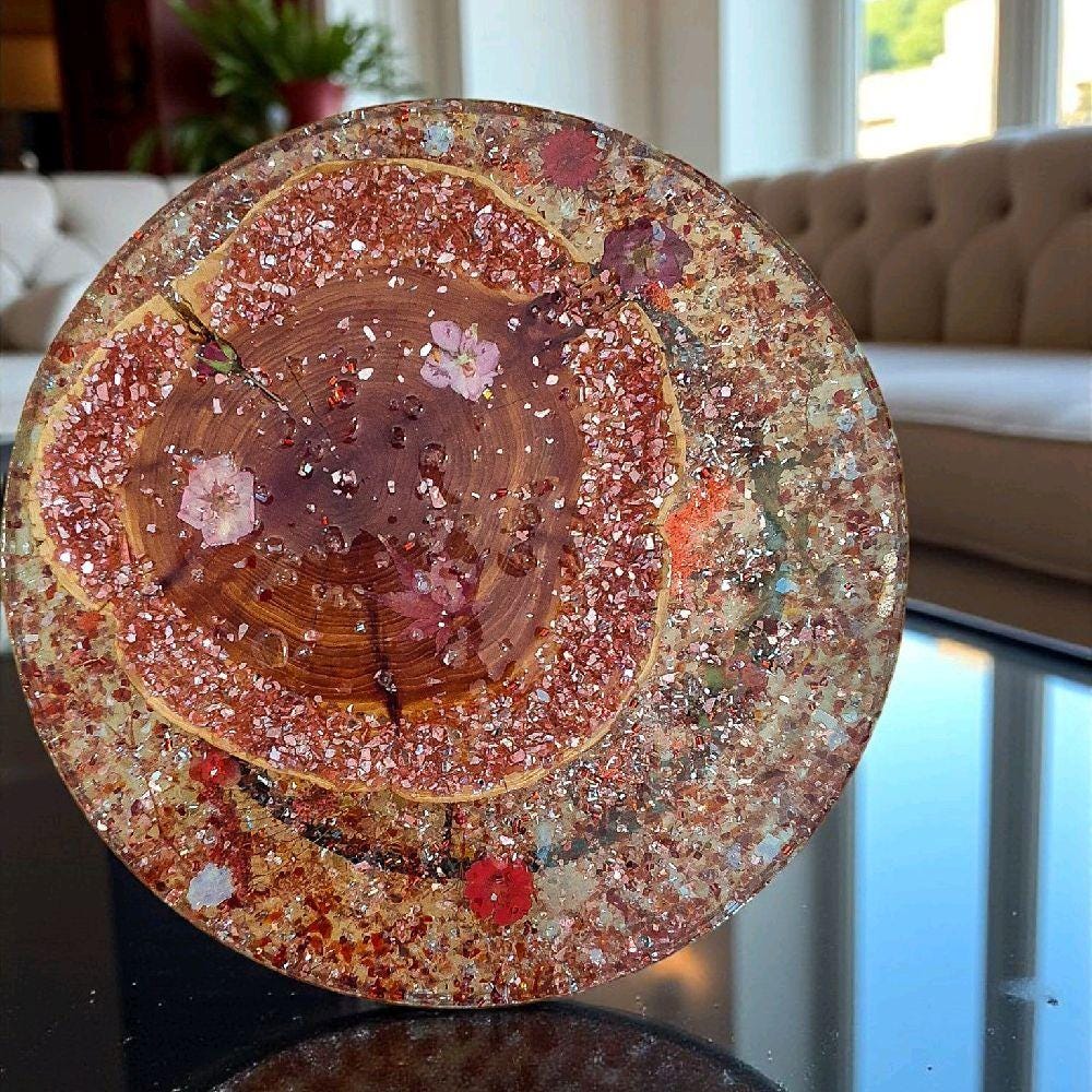 Resin Wood Floral Sculpture – 3D Crystal Inlay, Red Accent Decor