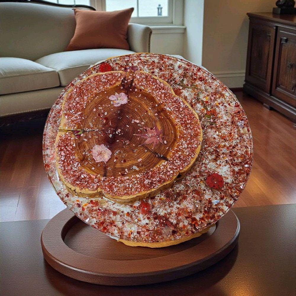 Resin Wood Floral Sculpture – 3D Crystal Inlay, Red Accent Decor