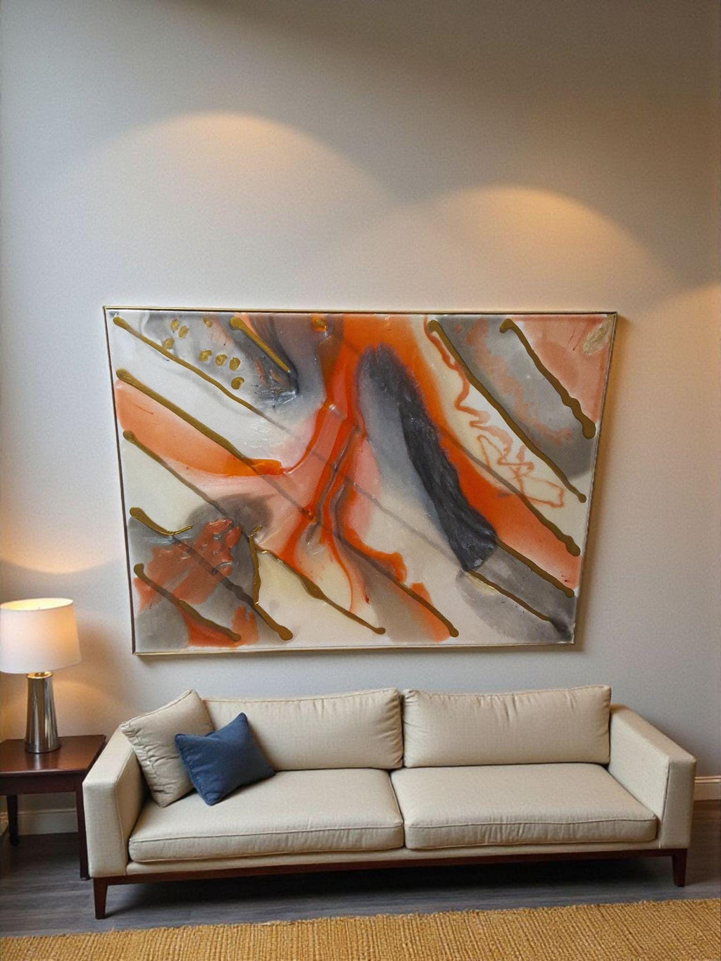 3D Abstract Canvas Painting, Orange Gold Grey White, 18x24 Hand-Designed Artwork