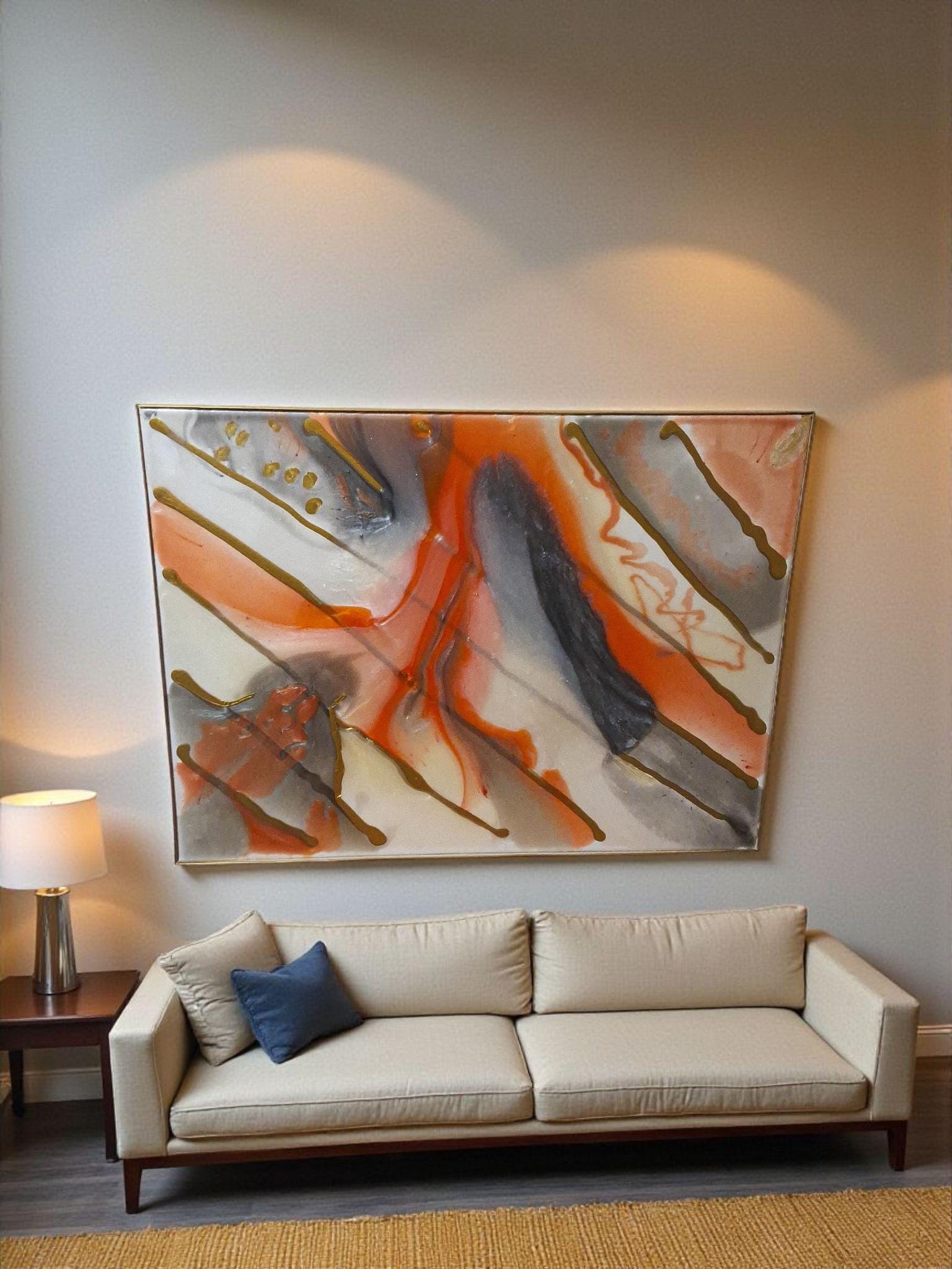 3D Abstract Canvas Painting, Orange Gold Grey White, 18x24 Hand-Designed Artwork