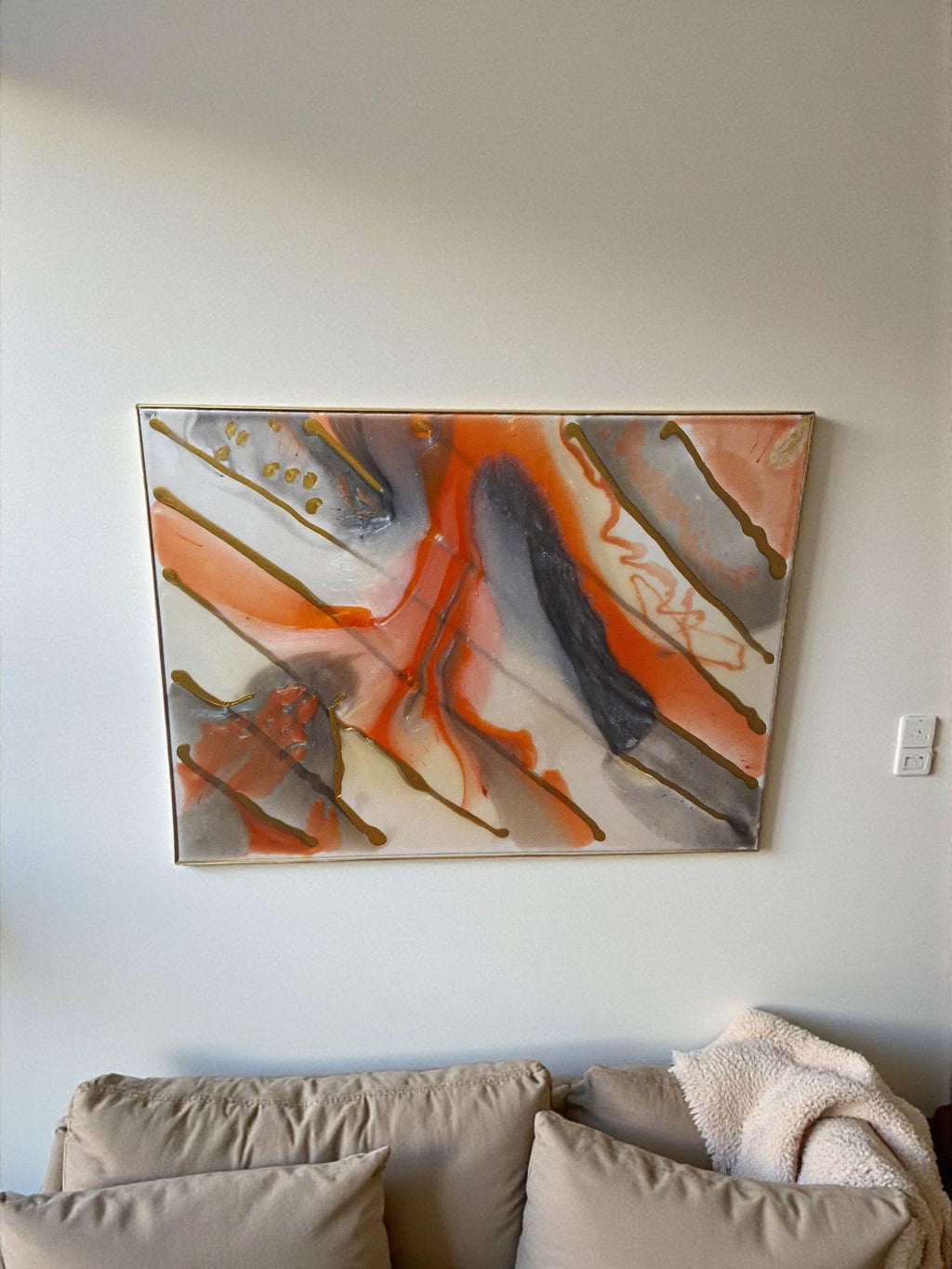3D Abstract Canvas Painting, Orange Gold Grey White, 18x24 Hand-Designed Artwork