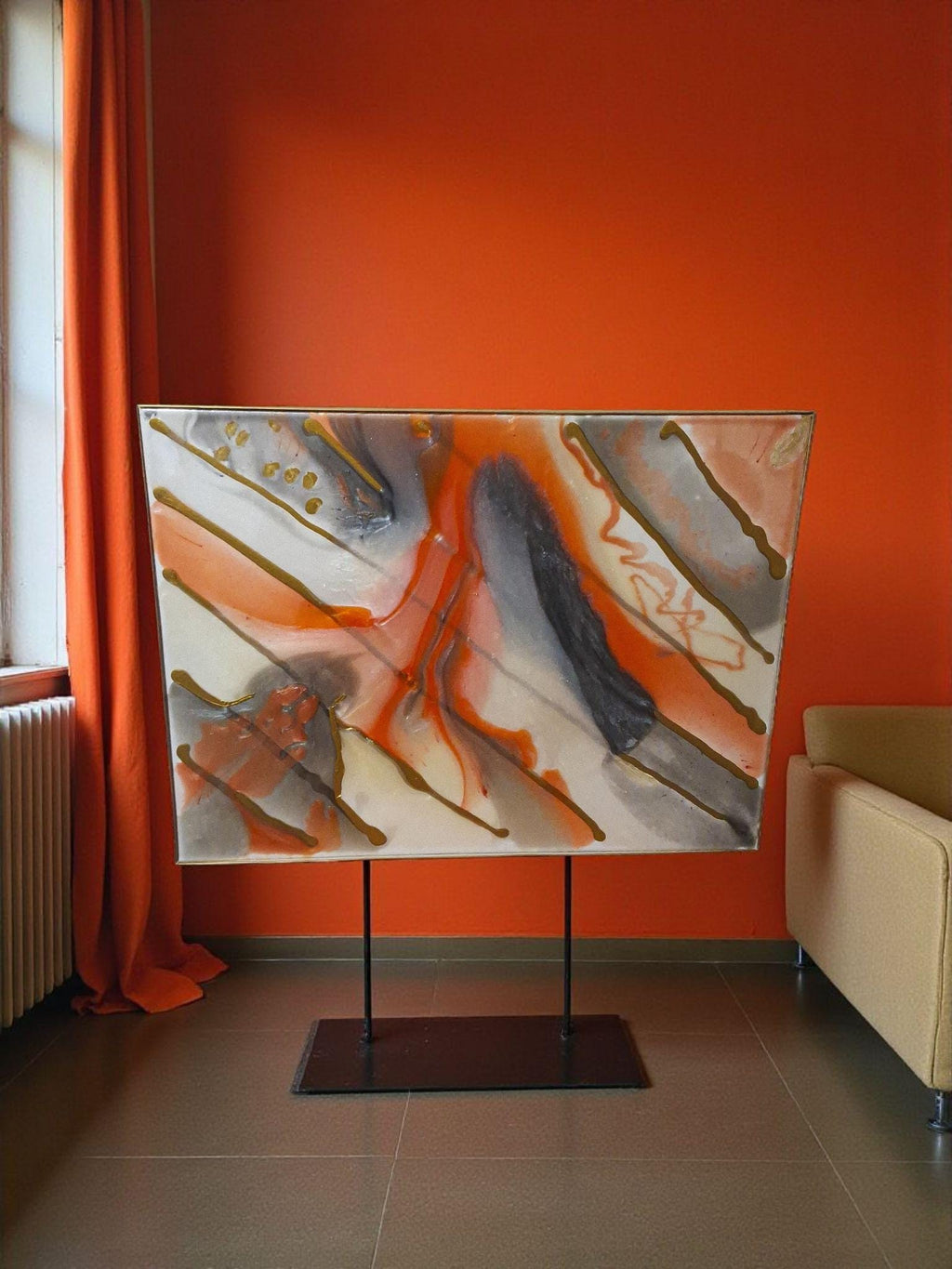 3D Abstract Canvas Painting, Orange Gold Grey White, 18x24 Hand-Designed Artwork