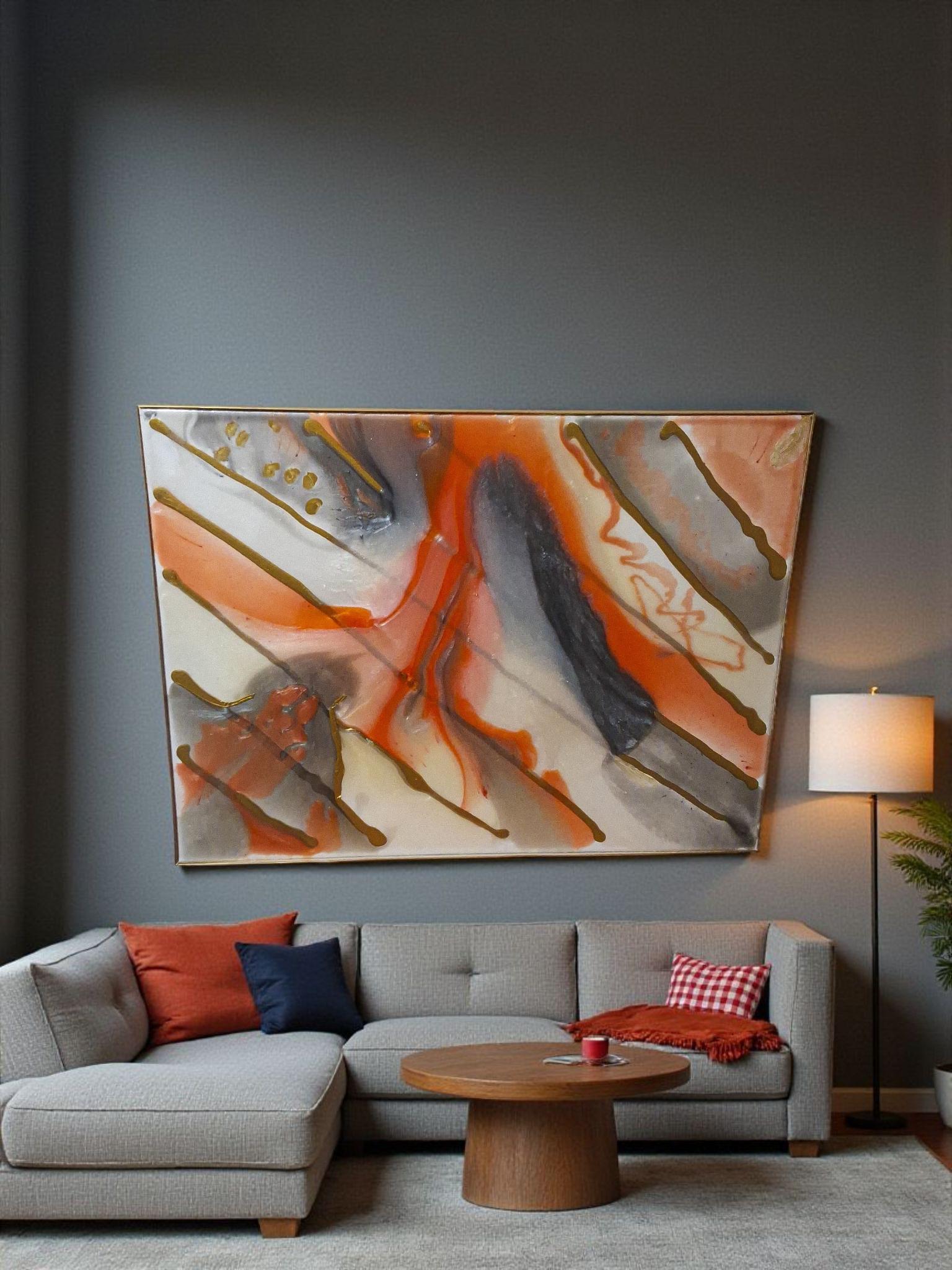 3D Abstract Canvas Painting, Orange Gold Grey White, 18x24 Hand-Designed Artwork