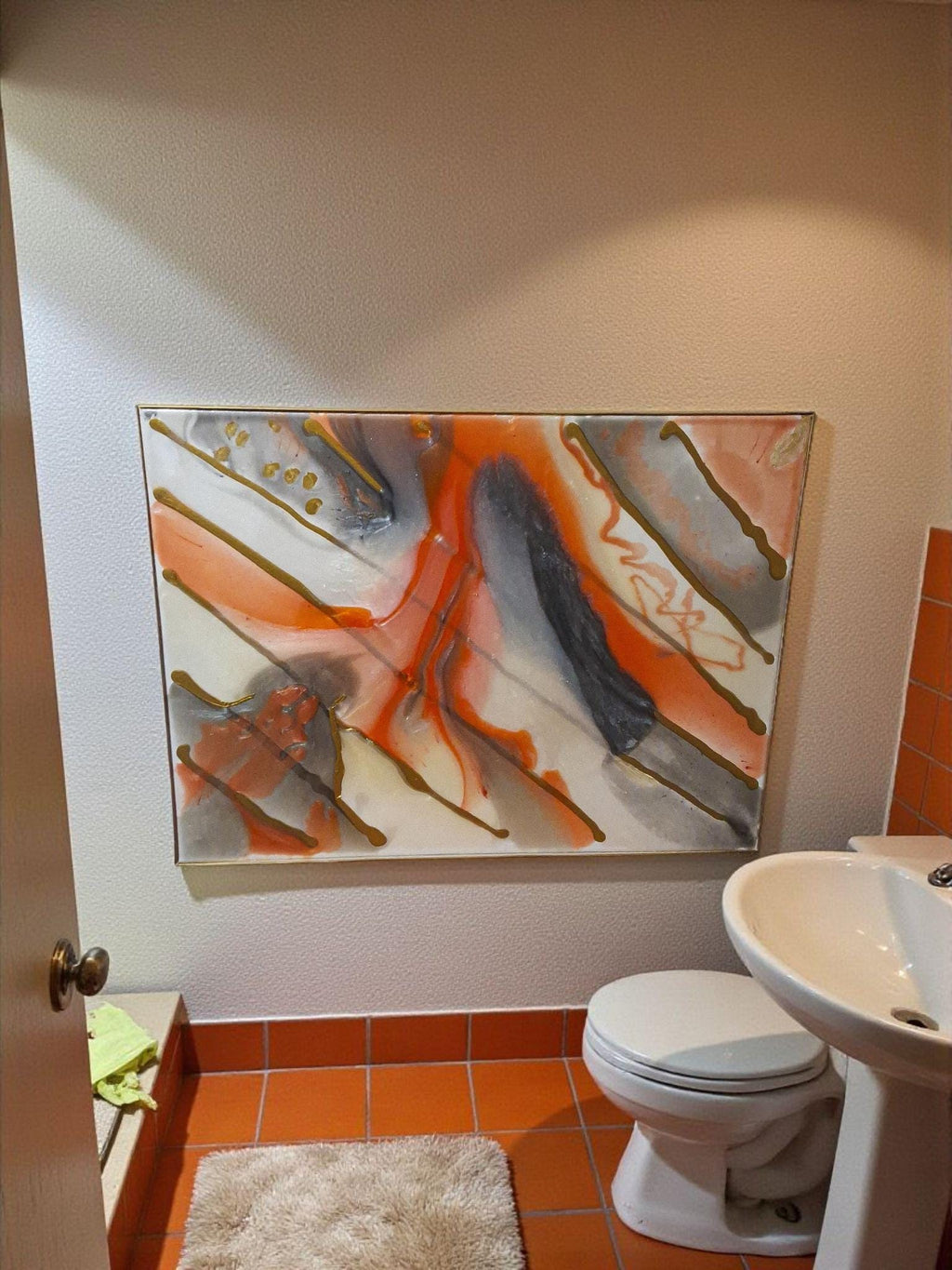 3D Abstract Canvas Painting, Orange Gold Grey White, 18x24 Hand-Designed Artwork