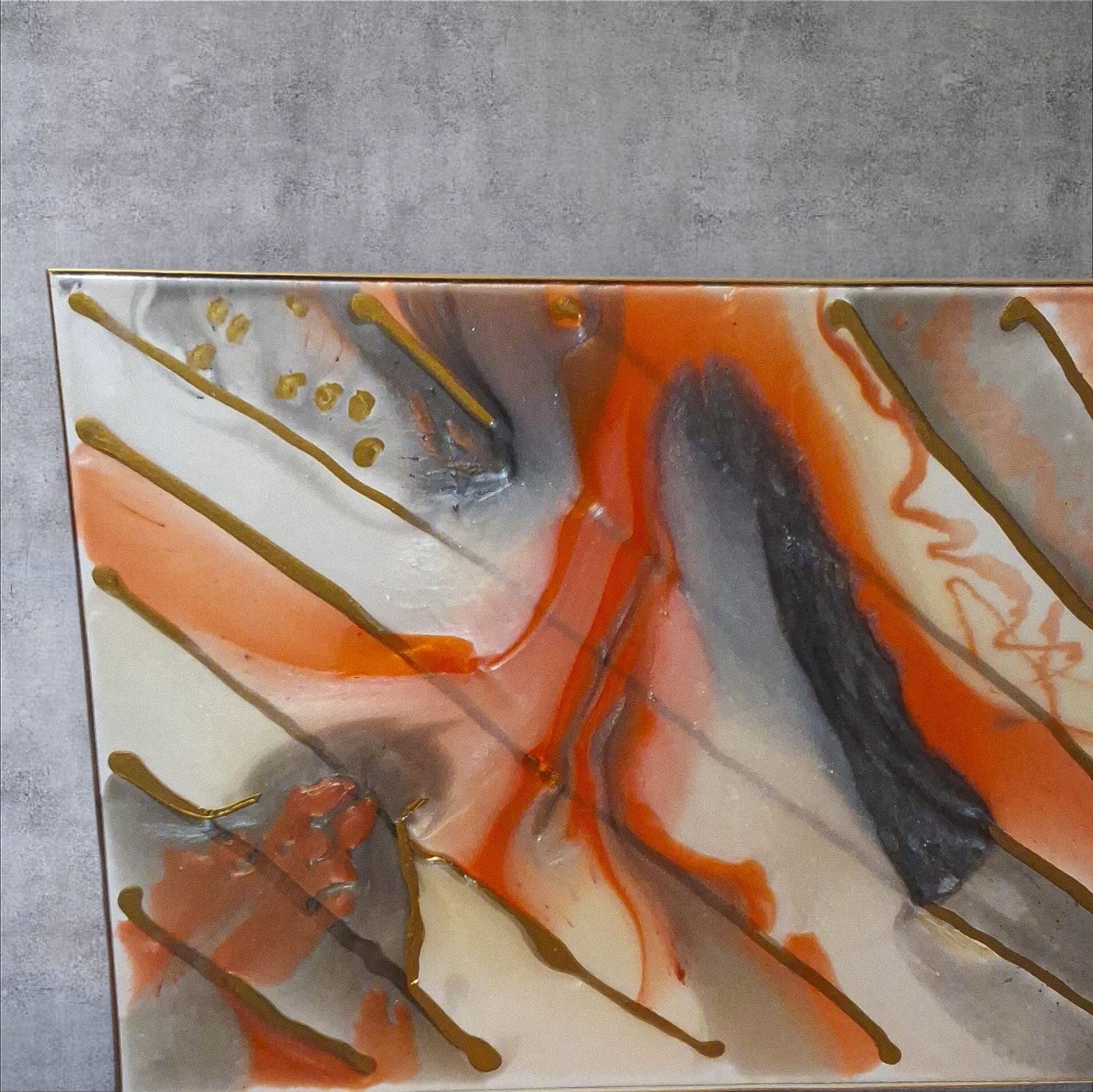 3D Abstract Canvas Painting, Orange Gold Grey White, 18x24 Hand-Designed Artwork