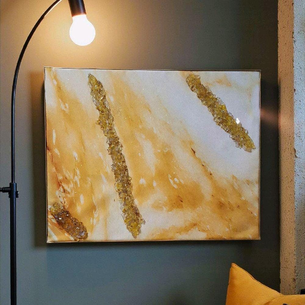 3D Abstract Canvas Art, Yellow White Gold Crystallized Decor (16x20 inches)
