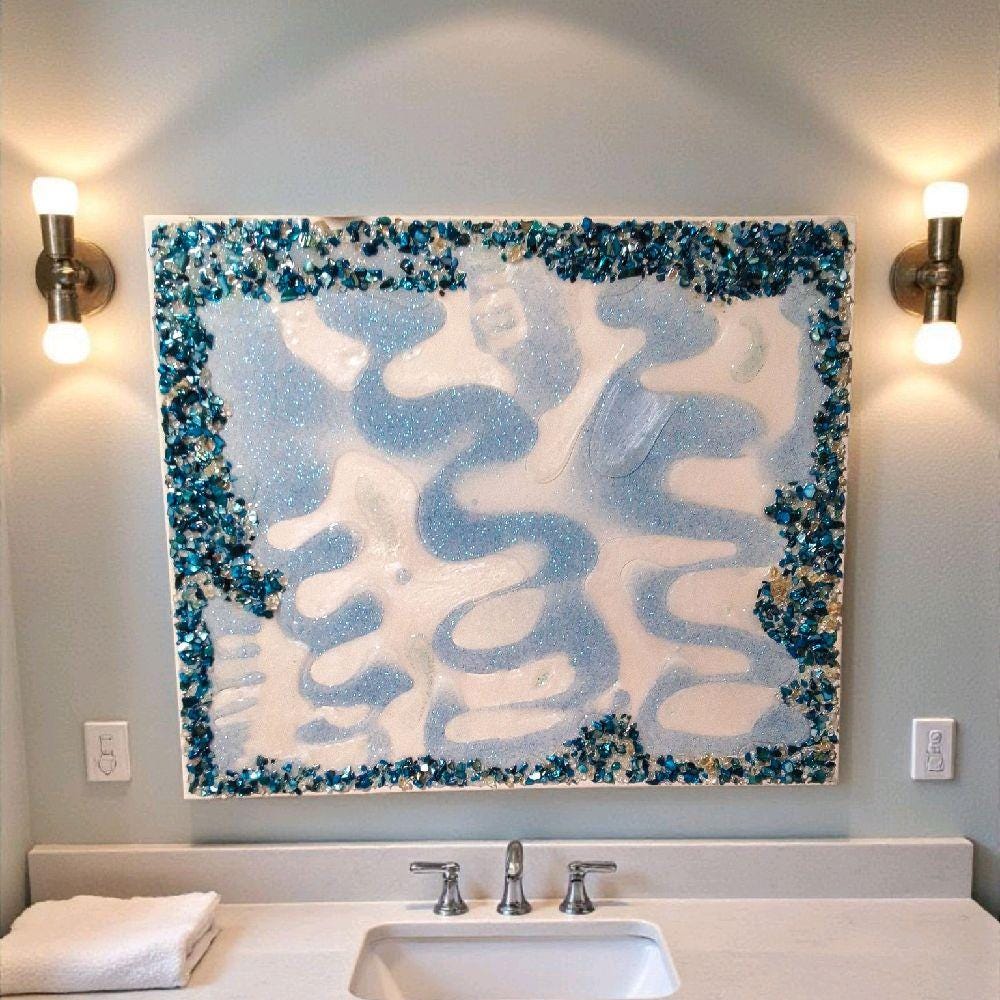 Resin Crystal Artwork: Metallic Aqua Blue-Green Hanging Decor. Size 20x24