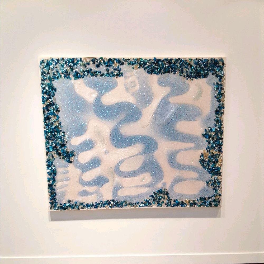 Resin Crystal Artwork: Metallic Aqua Blue-Green Hanging Decor. Size 20x24