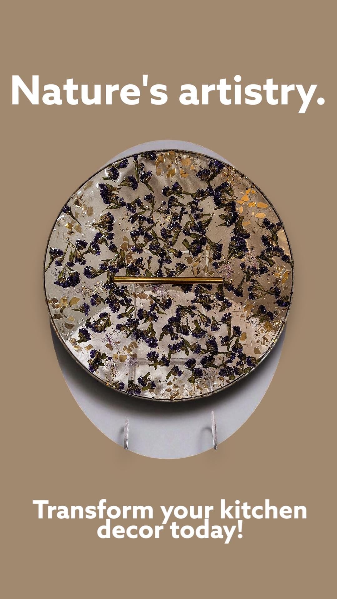 Purple Flower Resin Tray with Gold Crystal Handle, 3D Decor