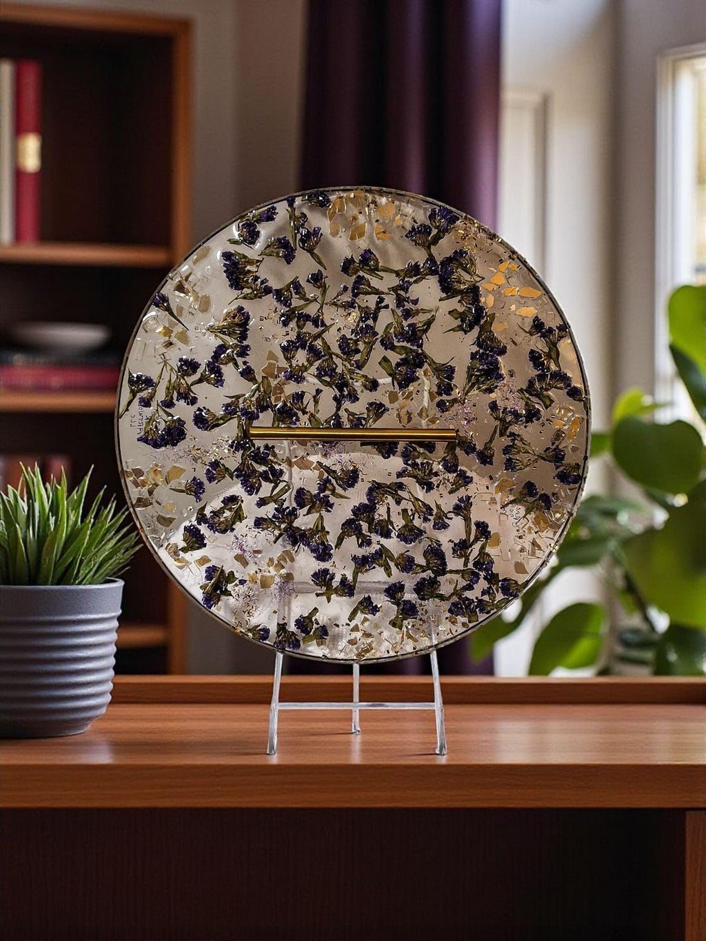 Purple Flower Resin Tray with Gold Crystal Handle, 3D Decor