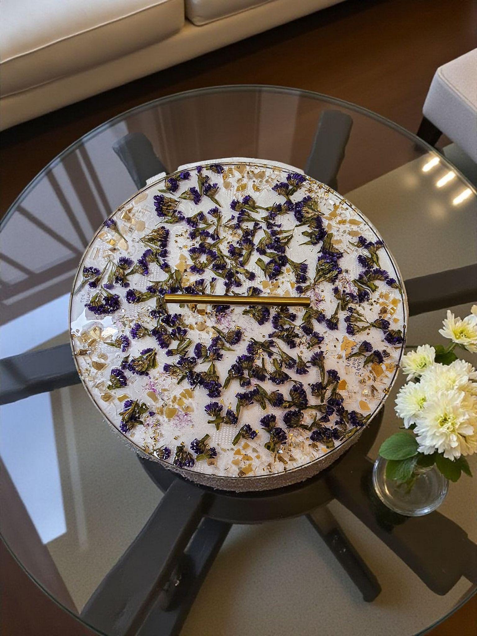 Purple Flower Resin Tray with Gold Crystal Handle, 3D Decor