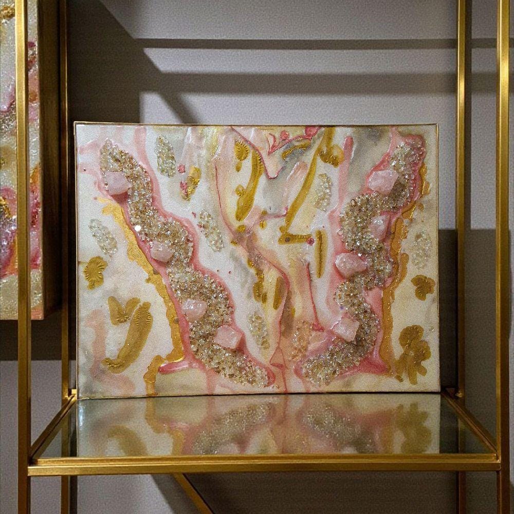 3D Abstract Crystal Canvas Painting, Gold/Pink/Grey Artwork (18x24)