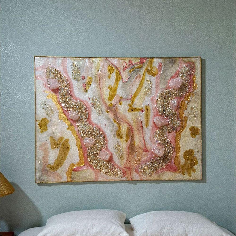 3D Abstract Crystal Canvas Painting, Gold/Pink/Grey Artwork (18x24)