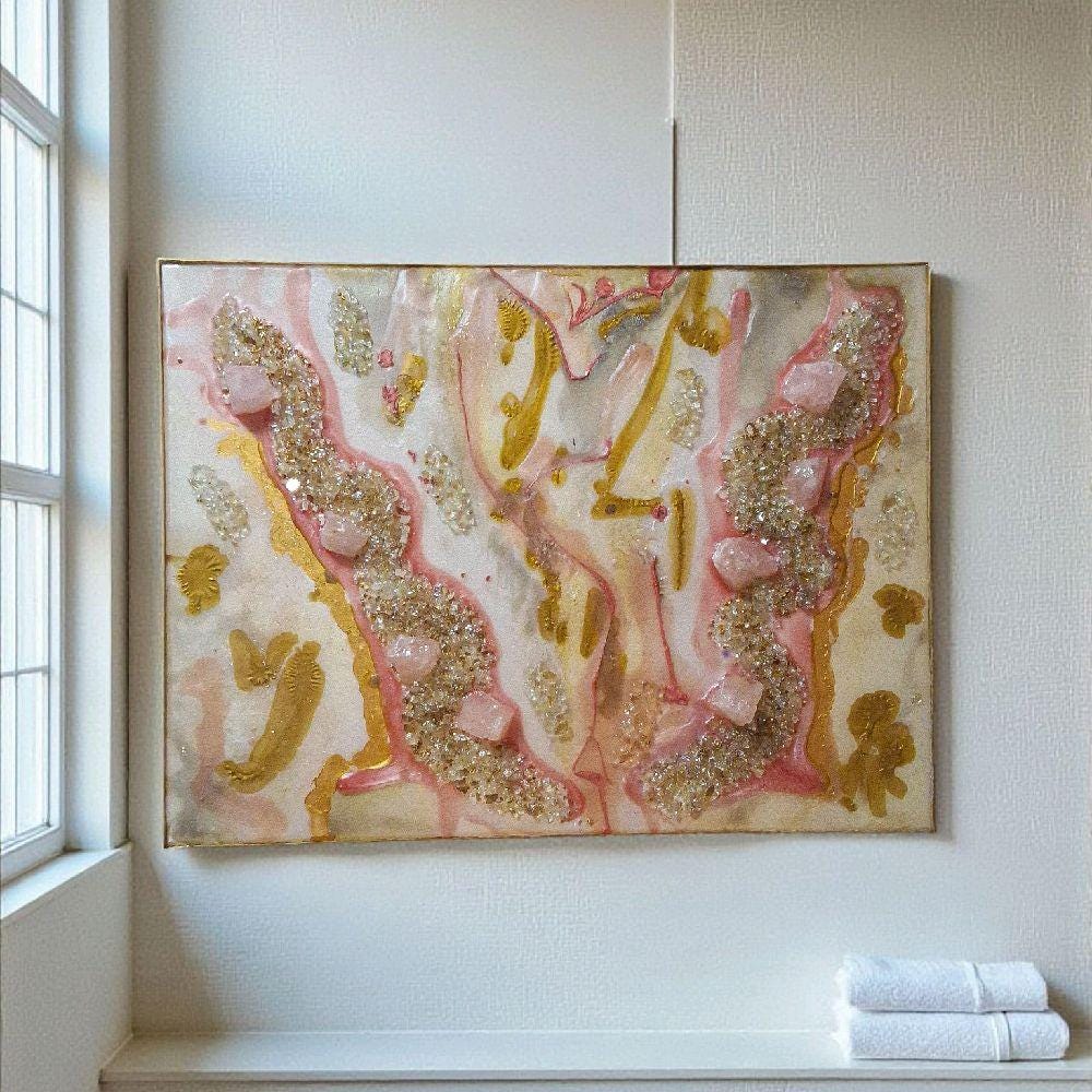 3D Abstract Crystal Canvas Painting, Gold/Pink/Grey Artwork (18x24)