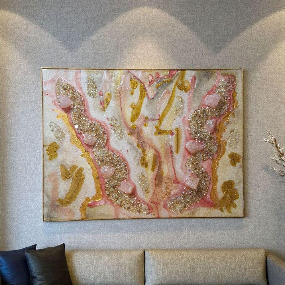 3D Abstract Crystal Canvas Painting, Gold/Pink/Grey Artwork (18x24)