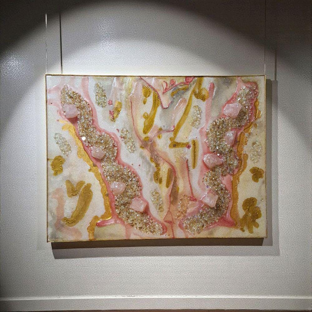 3D Abstract Crystal Canvas Painting, Gold/Pink/Grey Artwork (18x24)