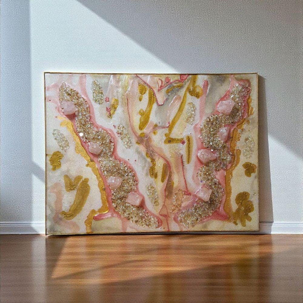 3D Abstract Crystal Canvas Painting, Gold/Pink/Grey Artwork (18x24)