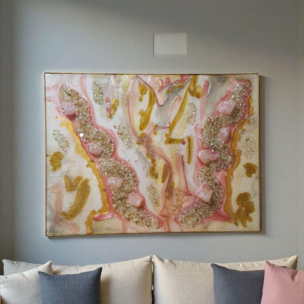 3D Abstract Crystal Canvas Painting, Gold/Pink/Grey Artwork (18x24)