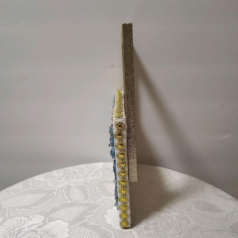 Hand-Designed 3D Crystallized Artwork: Blue & Gold Decor. Size