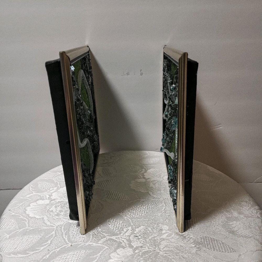Crystal Decorative Resin painting artwork. Emerald green color crystalsd. Size 8x10 Set of 2