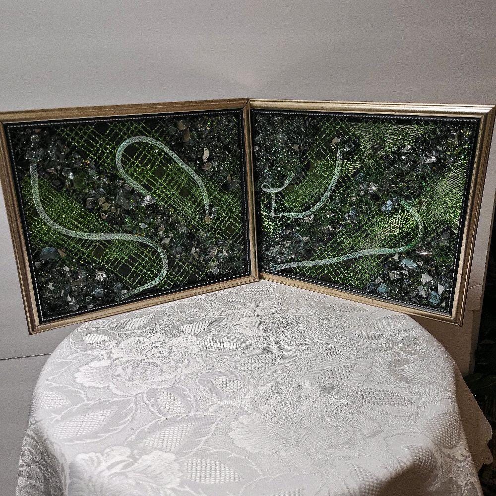 Crystal Decorative Resin painting artwork. Emerald green color crystalsd. Size 8x10 Set of 2