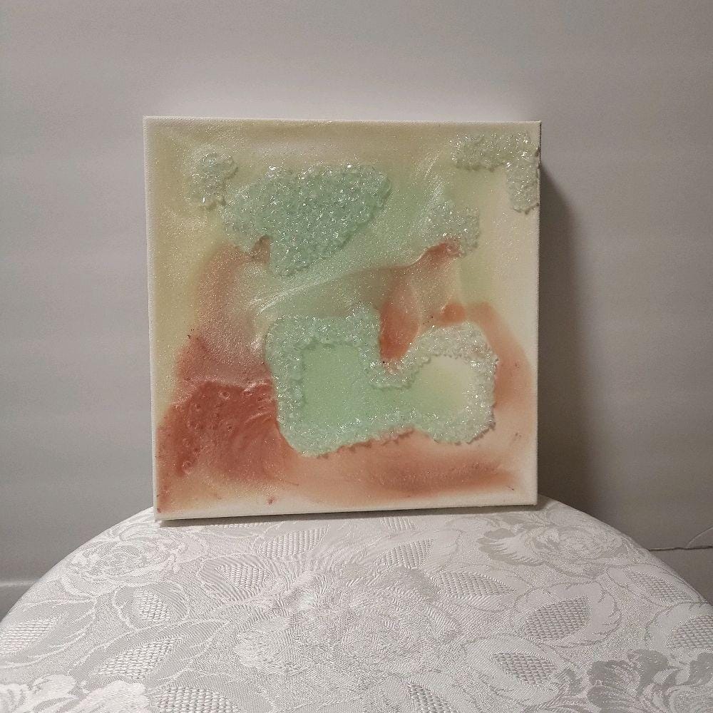 Iridescent Crystal Resin Painting - Pink, Aqua Green Hanging Decor. Size 10x10