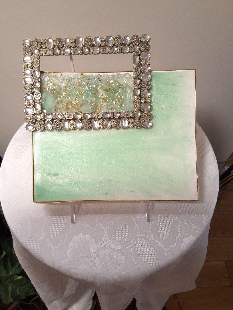 Aqua Green Crystallized 3D Artwork with Gold Frame