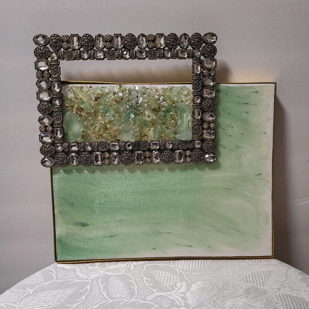 Aqua Green Crystallized 3D Artwork with Gold Frame