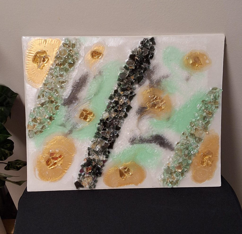 Gold Leaf Resin Painting: Black, White & Green Acrylic Art. Size 11x14