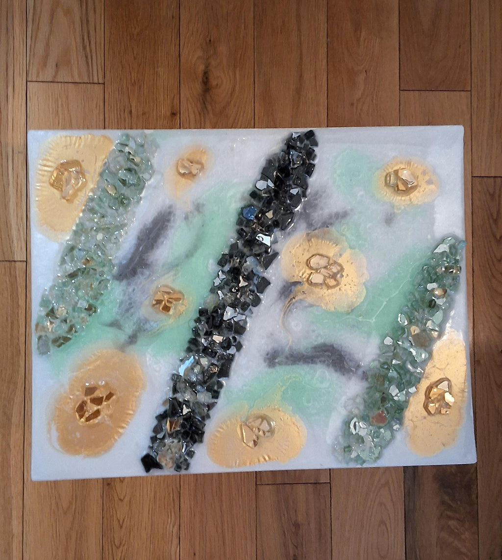 Gold Leaf Resin Painting: Black, White & Green Acrylic Art. Size 11x14