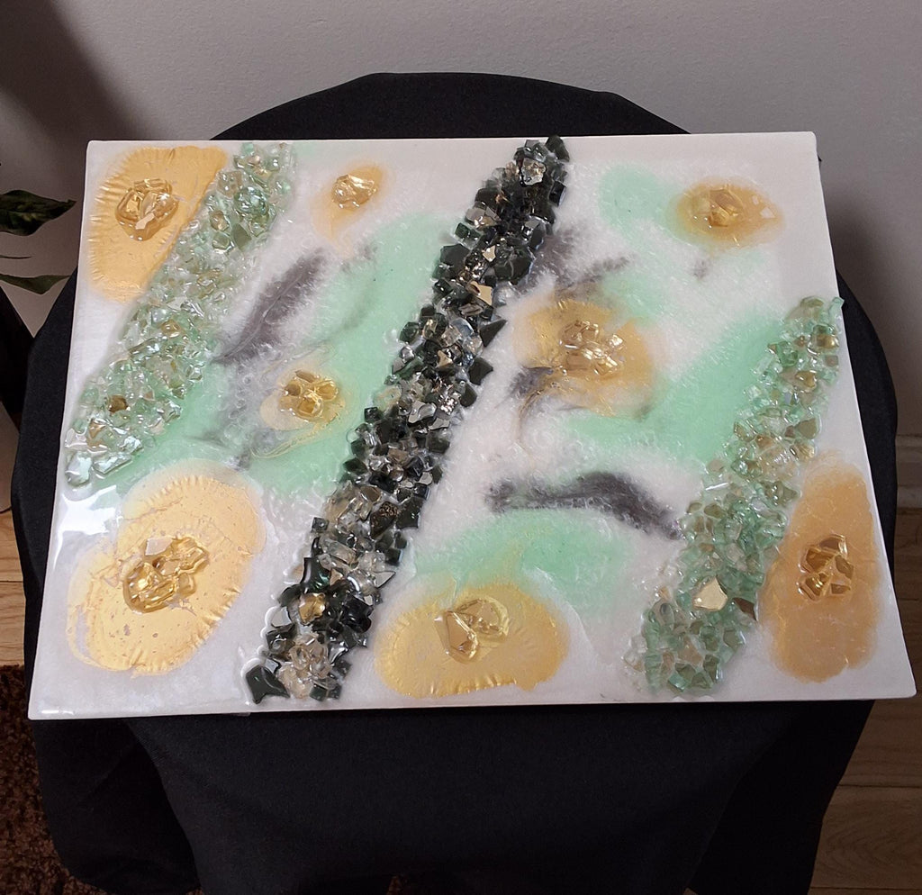 Gold Leaf Resin Painting: Black, White & Green Acrylic Art. Size 11x14