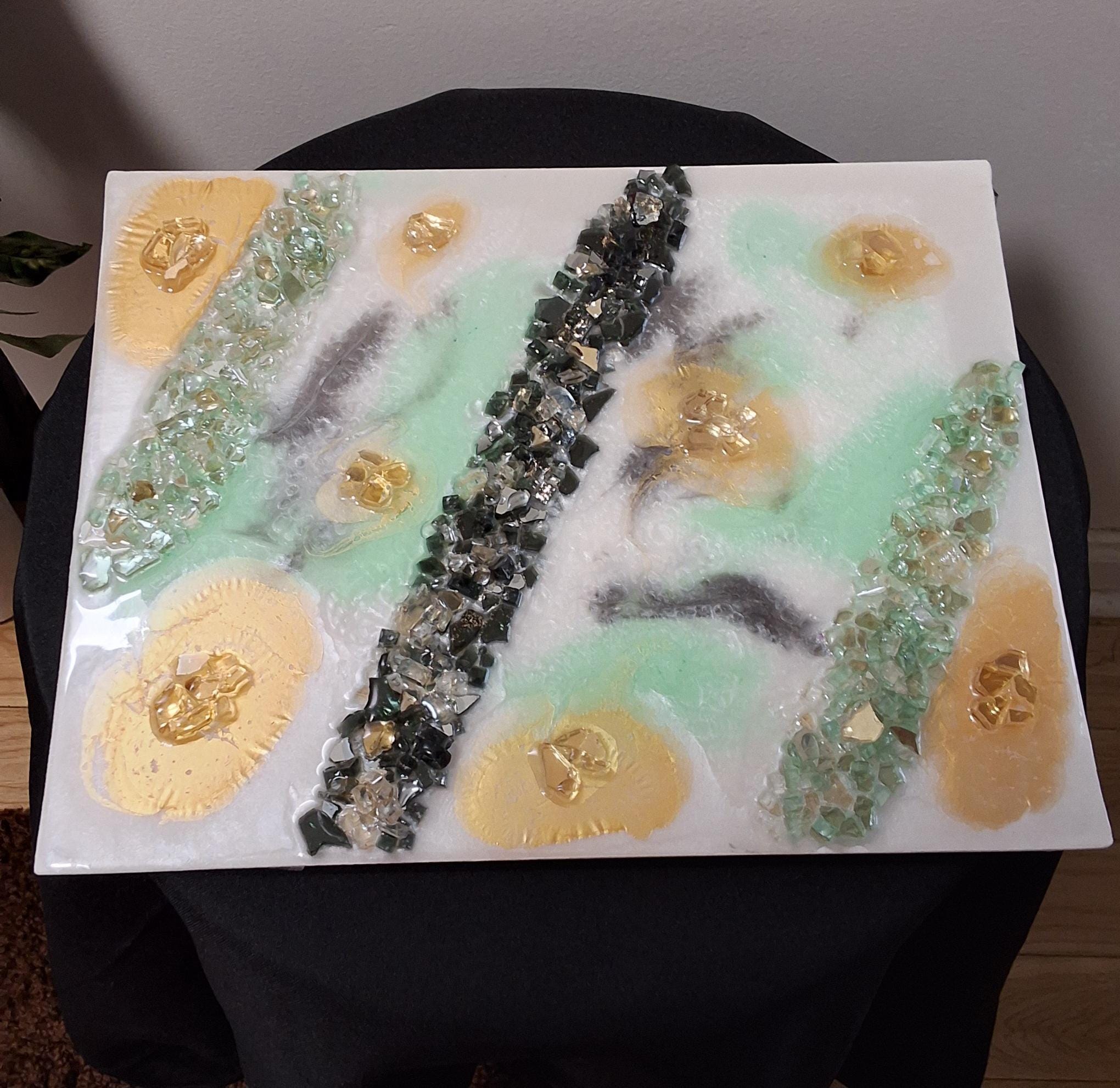 Gold Leaf Resin Painting: Black, White & Green Acrylic Art. Size 11x14