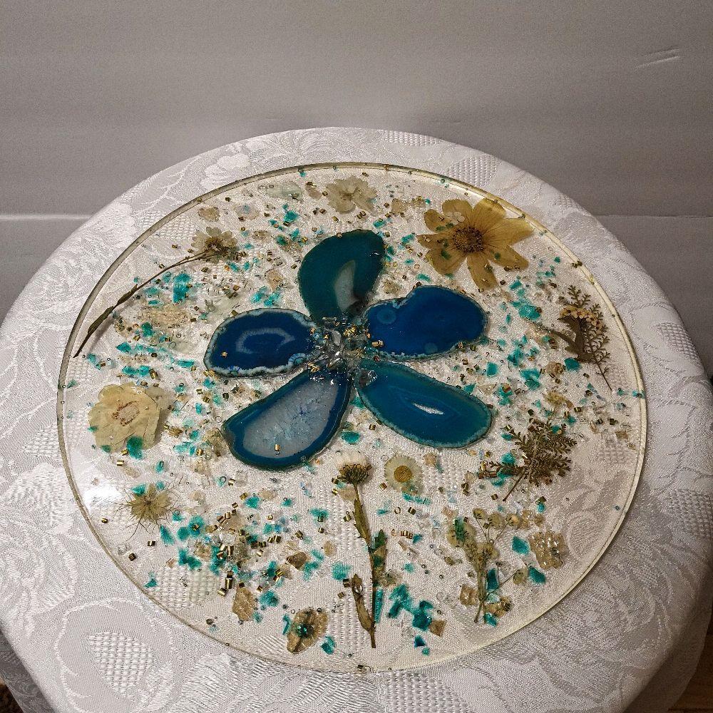 3D Resin Tray, Teal and Yellow Crystals, Elegant Home Decor