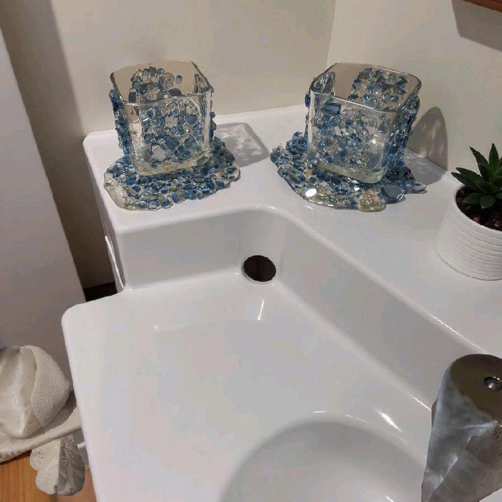 Blue Crystallized Votive Candle Holders - Handcrafted 3D Pair