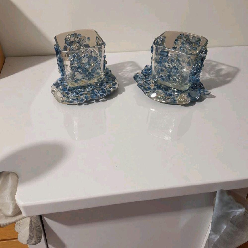 Blue Crystallized Votive Candle Holders - Handcrafted 3D Pair