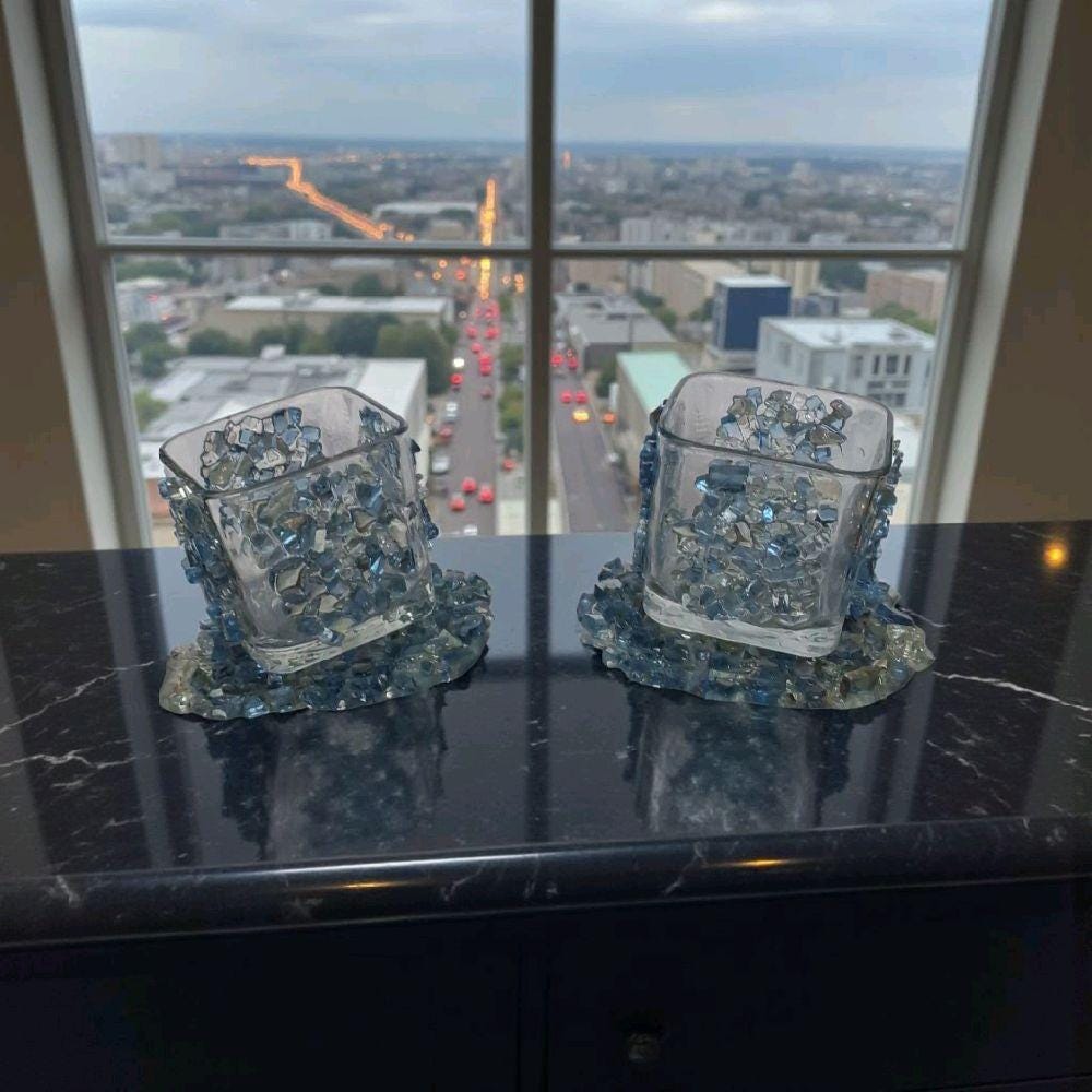 Blue Crystallized Votive Candle Holders - Handcrafted 3D Pair