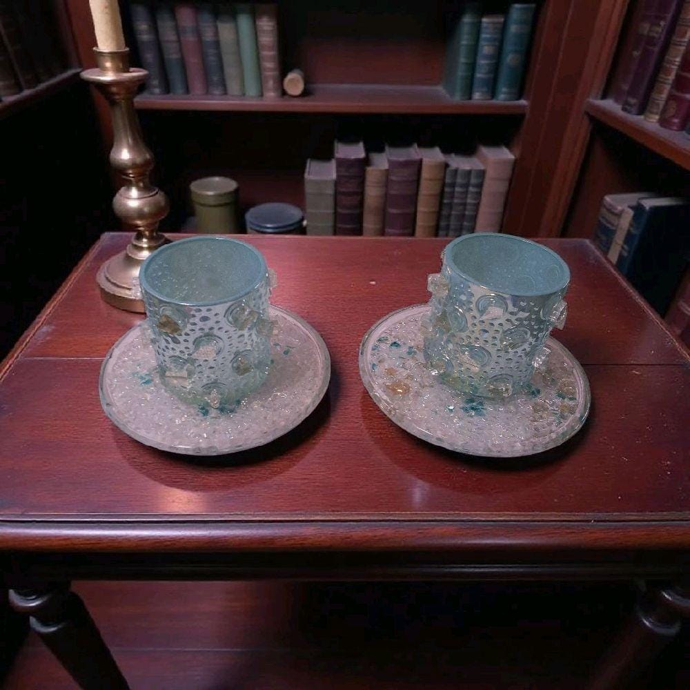 Handcrafted Iridescent Aquamarine Crystallized Votive Candle Holders - Set of 2