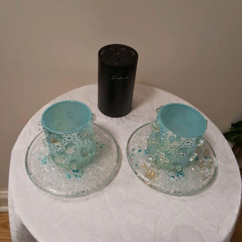 Handcrafted Iridescent Aquamarine Crystallized Votive Candle Holders - Set of 2