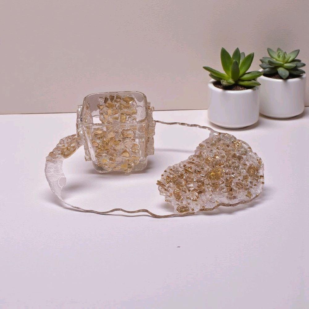 3D Resin Artwork: Gold Crystal Decor, Candle Trinket Vase Tray
