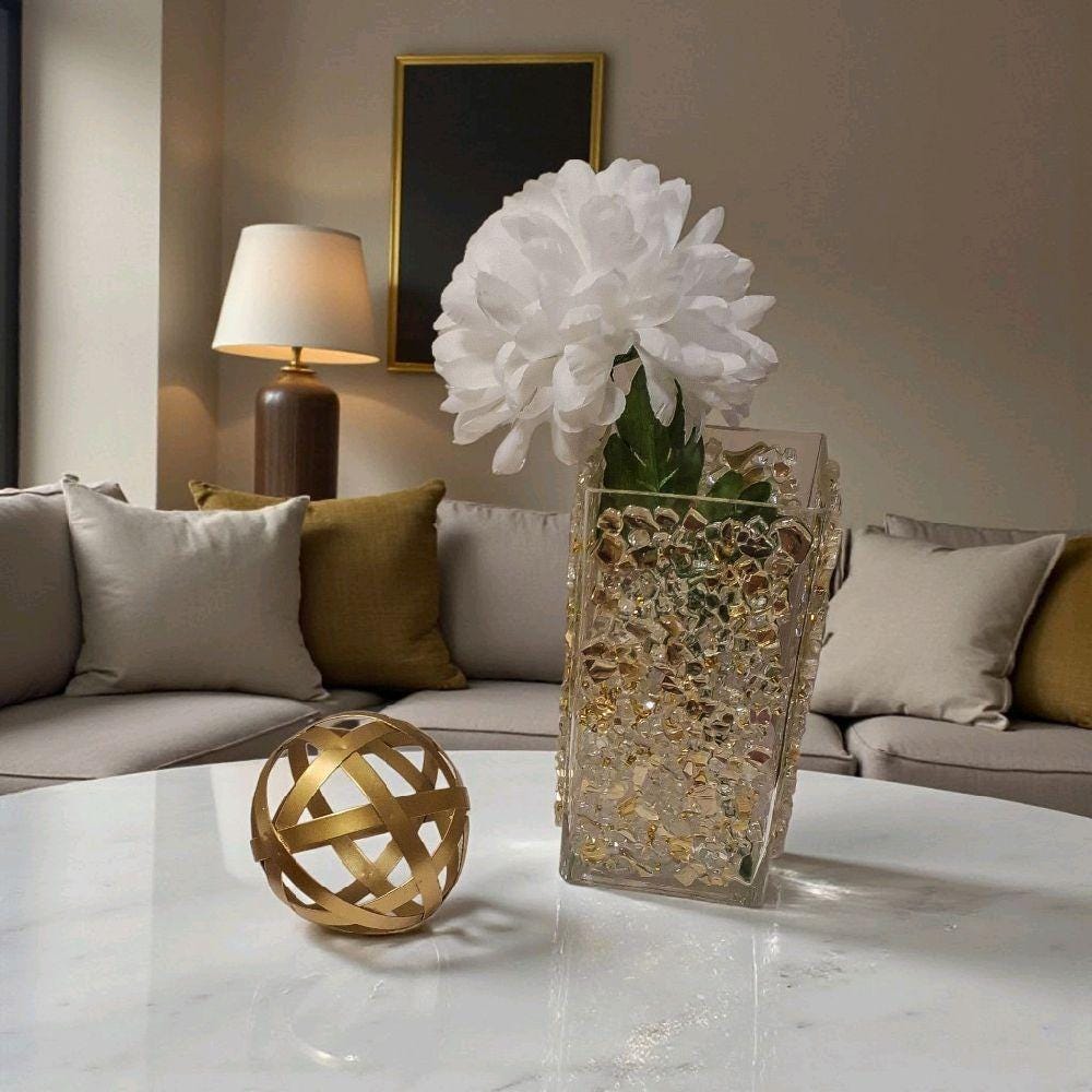 Gold Crystallized Square Glass Vase, Sophisticated Home Decor