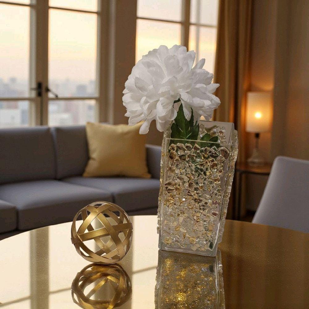 Gold Crystallized Square Glass Vase, Sophisticated Home Decor