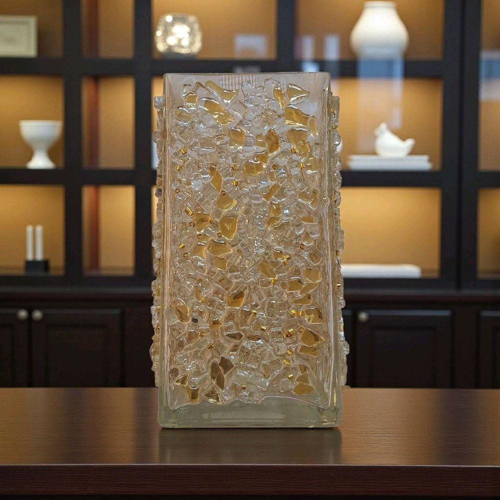 Gold Crystallized Square Glass Vase, Sophisticated Home Decor